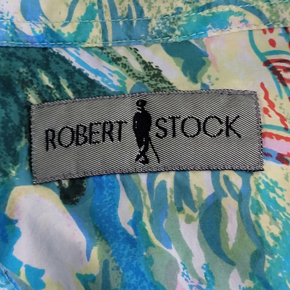 Robert Stock Shirt Mens Large Green Tropical Palm Tree Sailboat Button Front - Picture 10 of 13